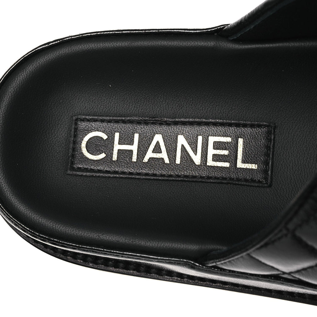 Lambskin Quilted Velcro Dad Chain CC Slide Sandals 38.5 Black