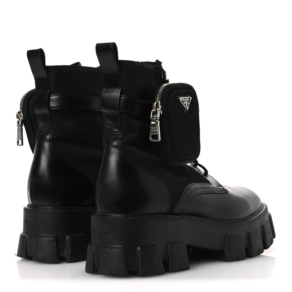 Prada Spazzolato Rois Nylon Metal Triangle Logo Monolith Pouch Pocket 55mm Boots 40.5 Black