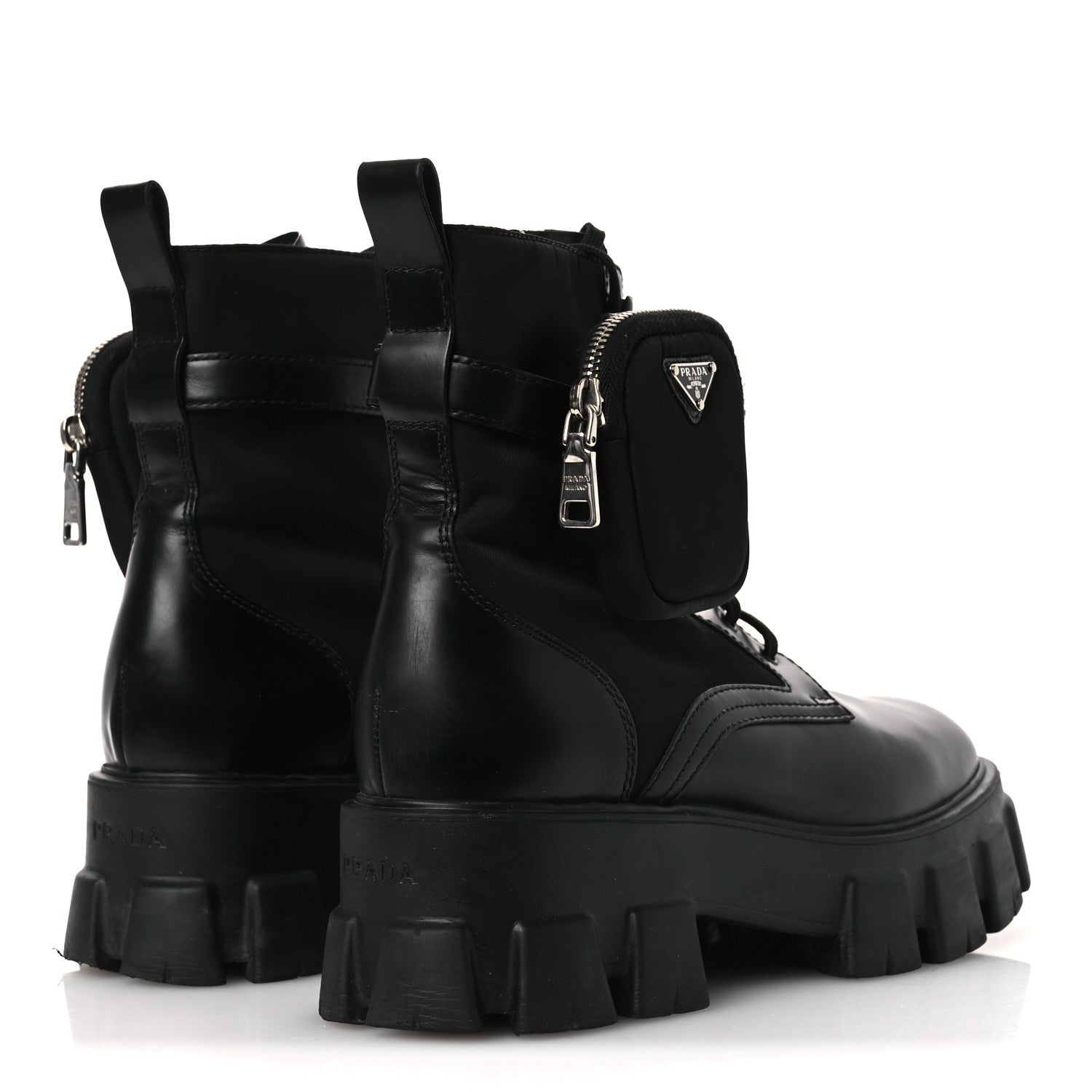 Prada Spazzolato Rois Nylon Metal Triangle Logo Monolith Pouch Pocket 55mm Boots 40.5 Black