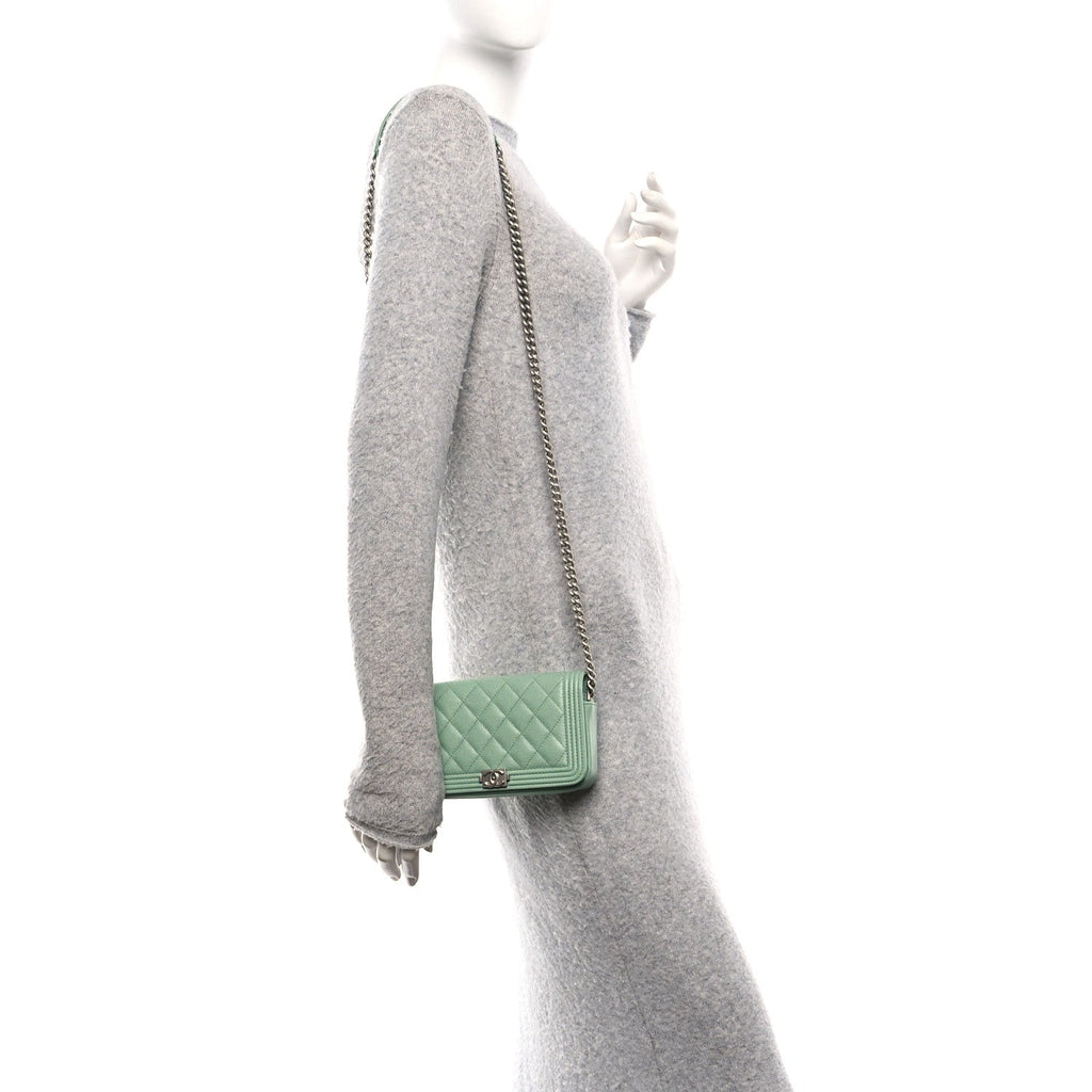 Chanel Caviar Quilted Boy Phone Holder Wallet On Chain Green