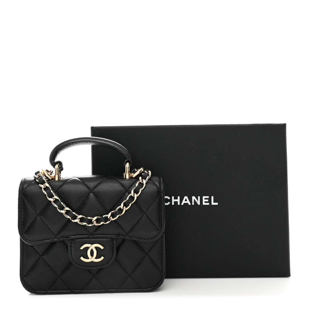 Chanel Lambskin Quilted Top Handle Flap Coin Purse With Chain Black
