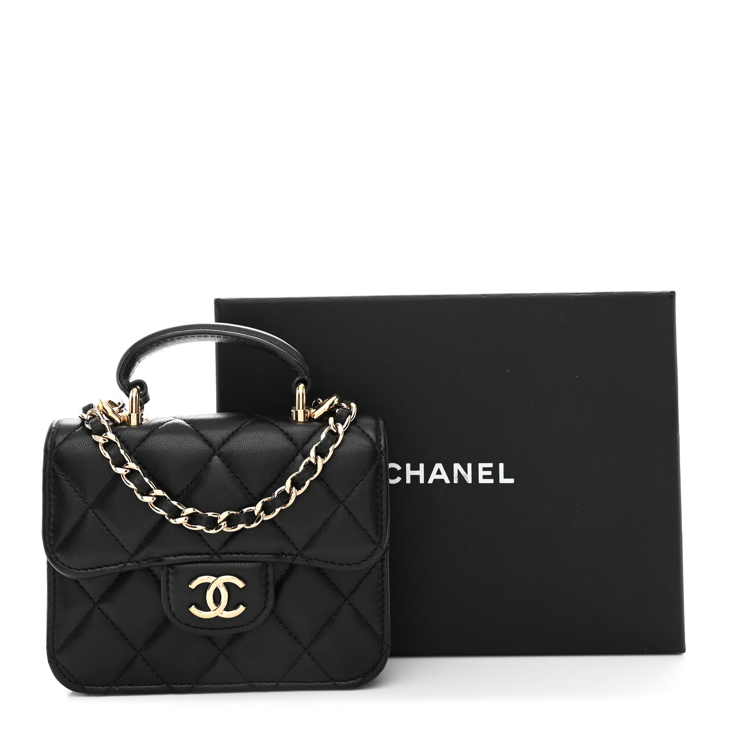 Chanel Lambskin Quilted Top Handle Flap Coin Purse With Chain Black