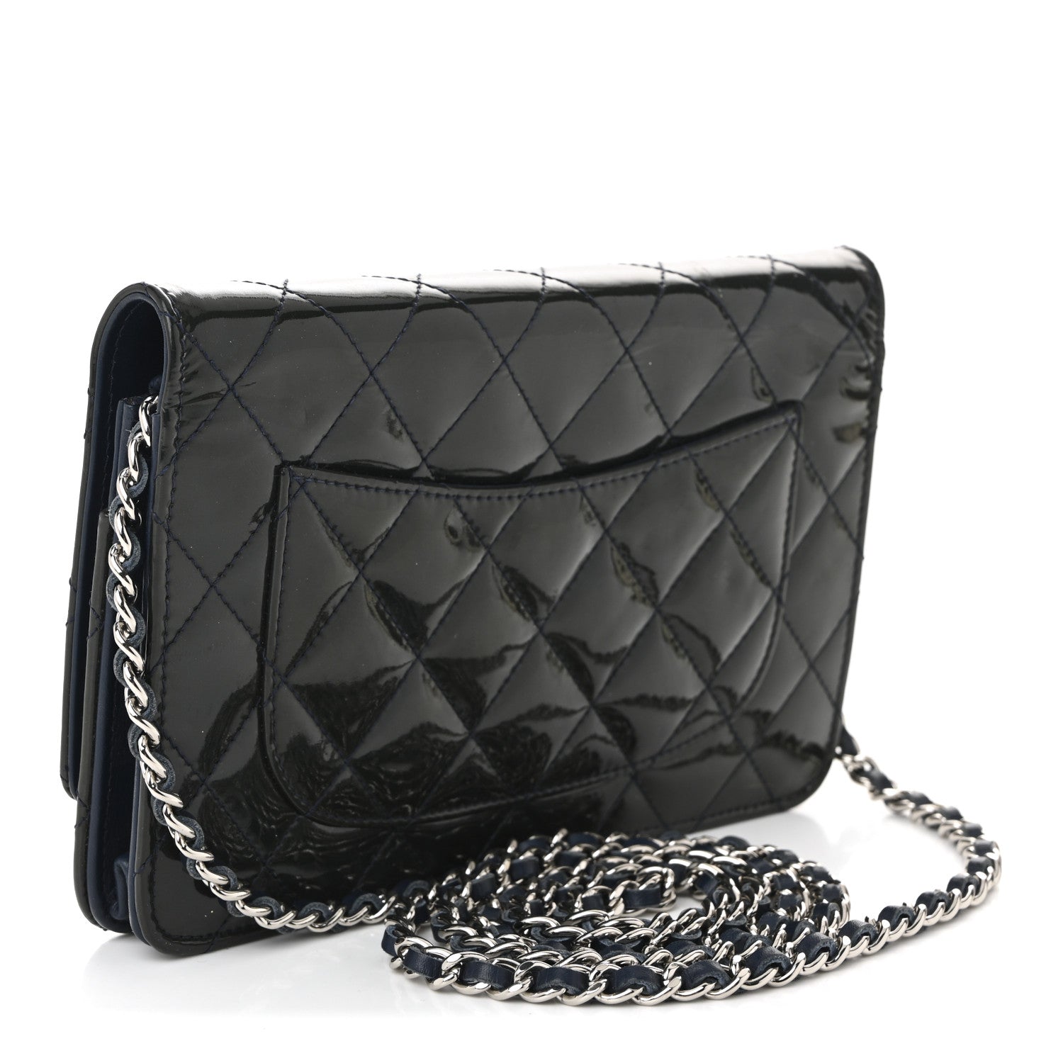 Chanel Patent Quilted Wallet On Chain WOC Navy Blue
