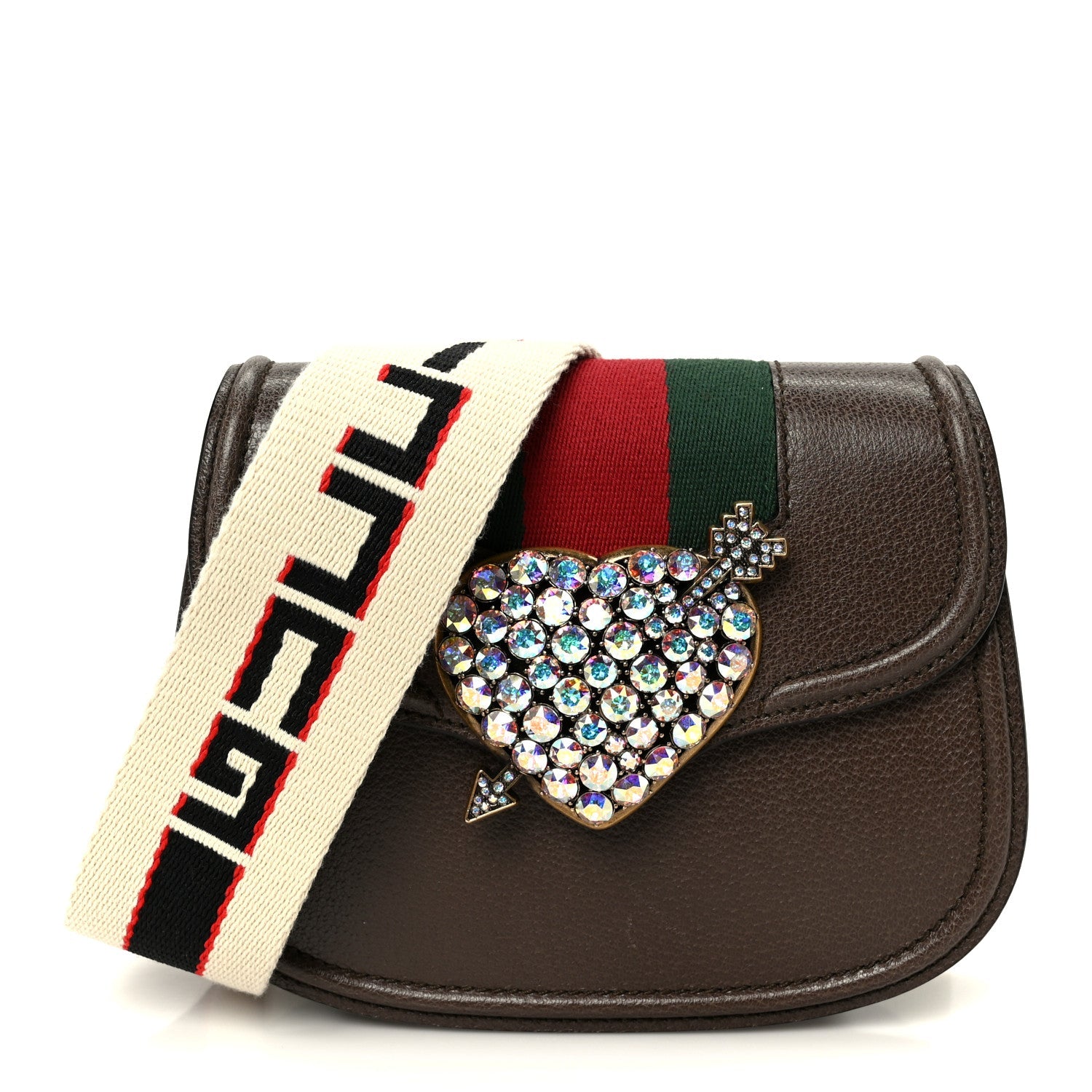 Gucci Textured Calfskin Web Crystal Heart Stripe Small Totem Shoulder Bag New Acero