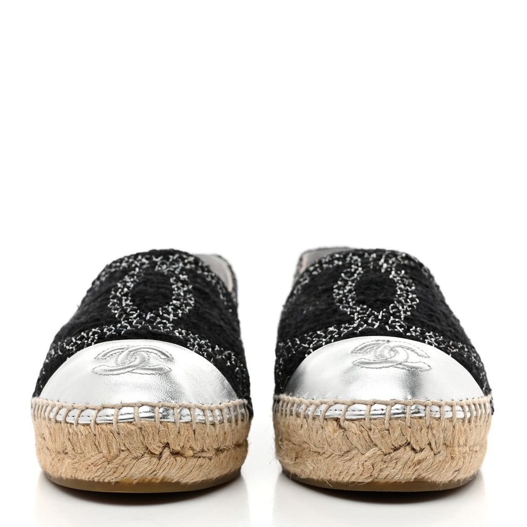 Metallic Tweed Lambskin CC Espadrilles 36 Black Silver