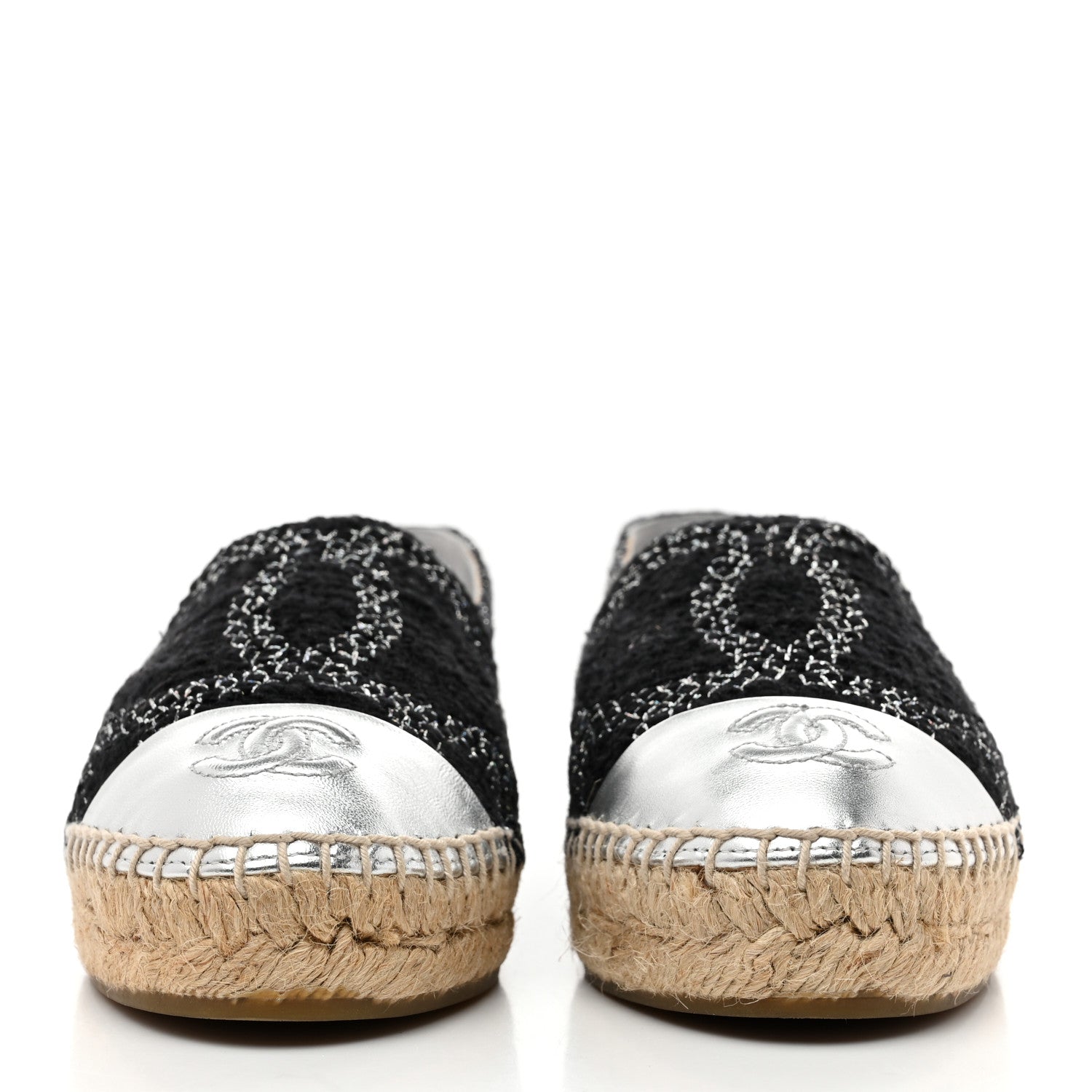 Metallic Tweed Lambskin CC Espadrilles 36 Black Silver