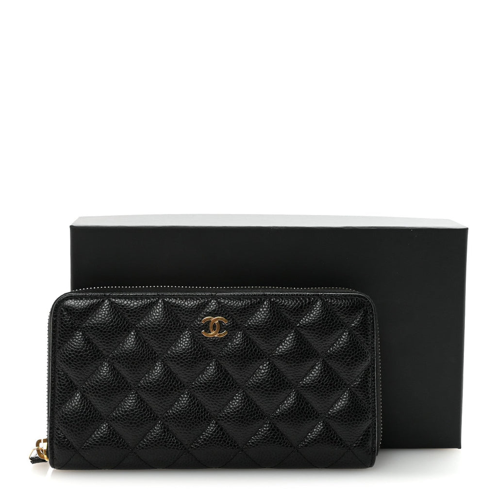 Caviar Quilted Large Gusset Zip Around Wallet Black