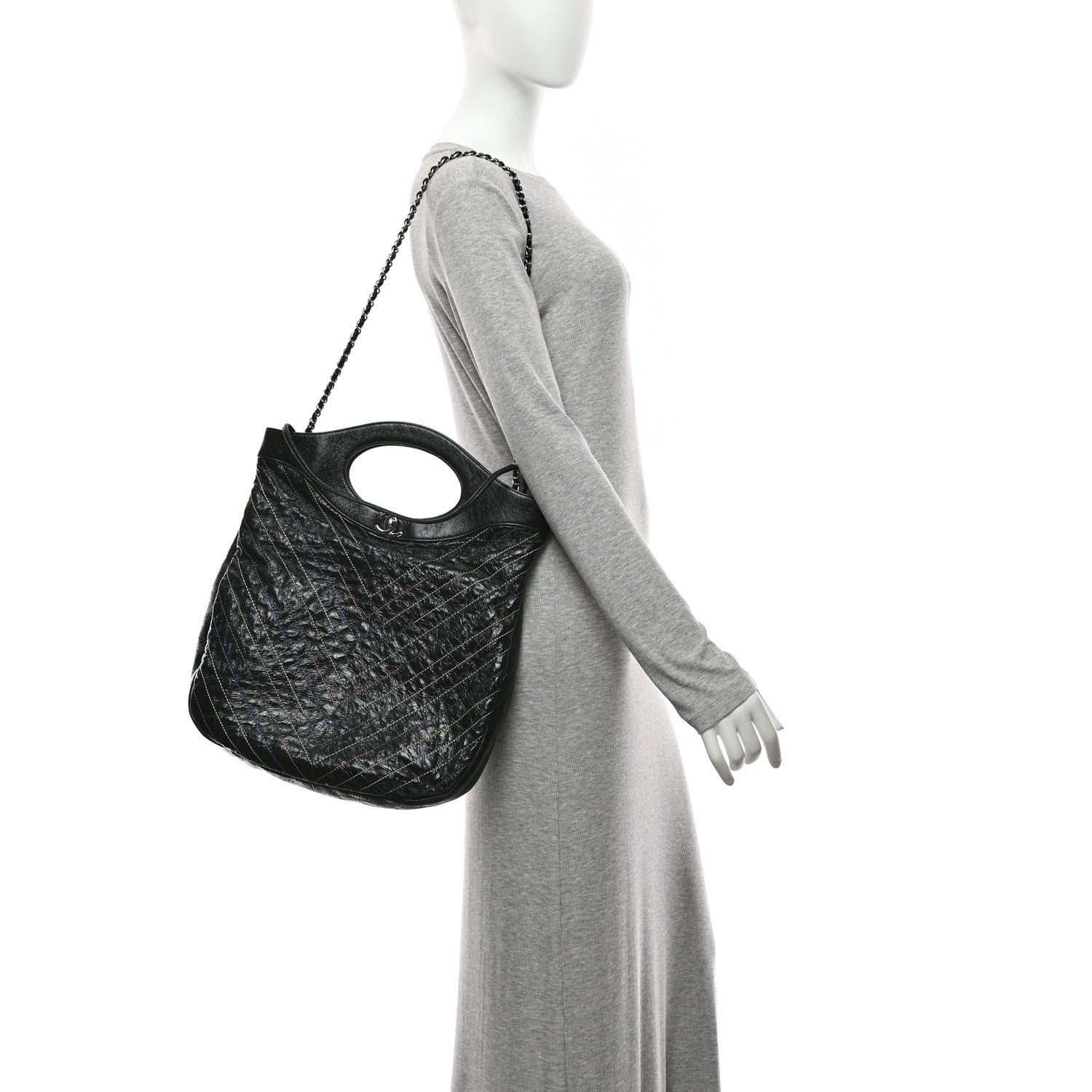Chanel Glazed Calfskin Chevron Stitched Large 31 Shopping Bag Black Multicolor