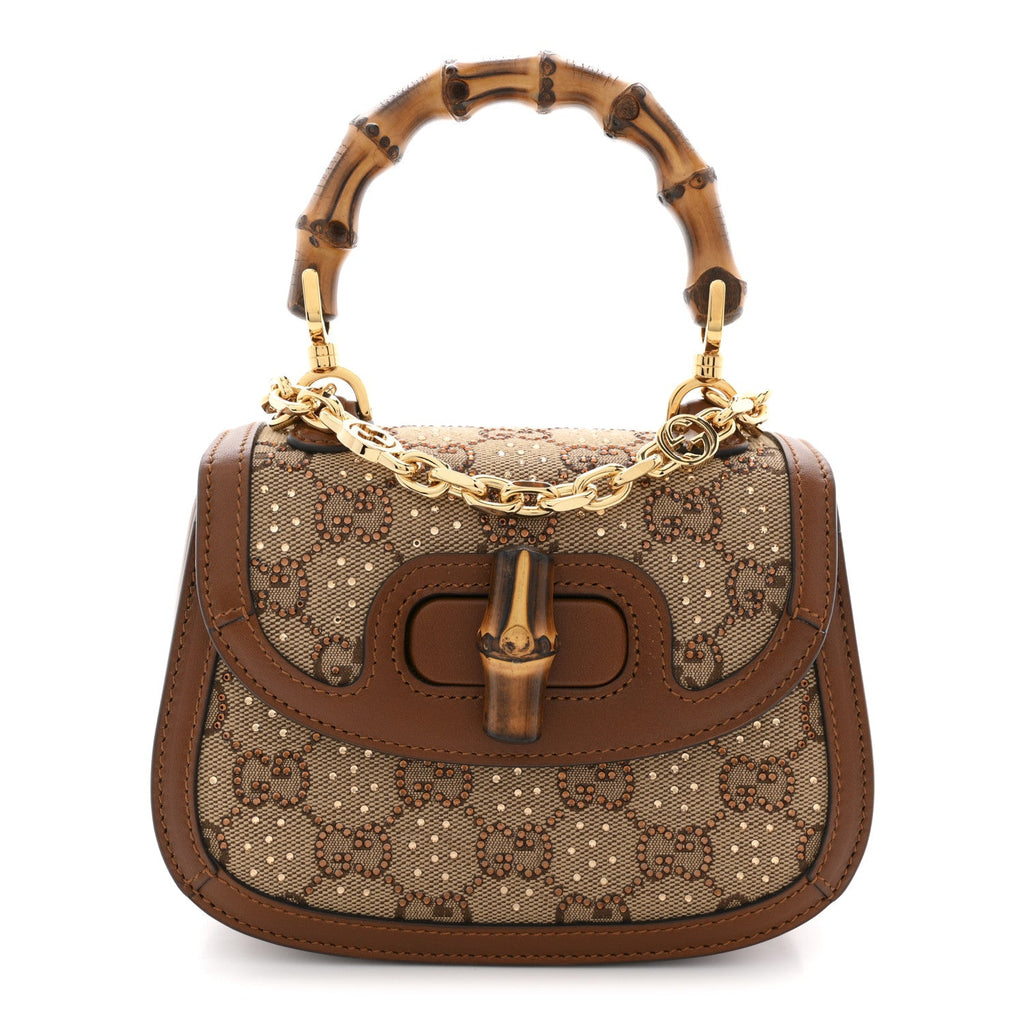 Gucci New Canvas Charisma Calfskin Crystal GG Monogram Small Bamboo 1947 Top Handle Bag Camel Ebony