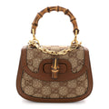 Gucci New Canvas Charisma Calfskin Crystal GG Monogram Small Bamboo 1947 Top Handle Bag Camel Ebony