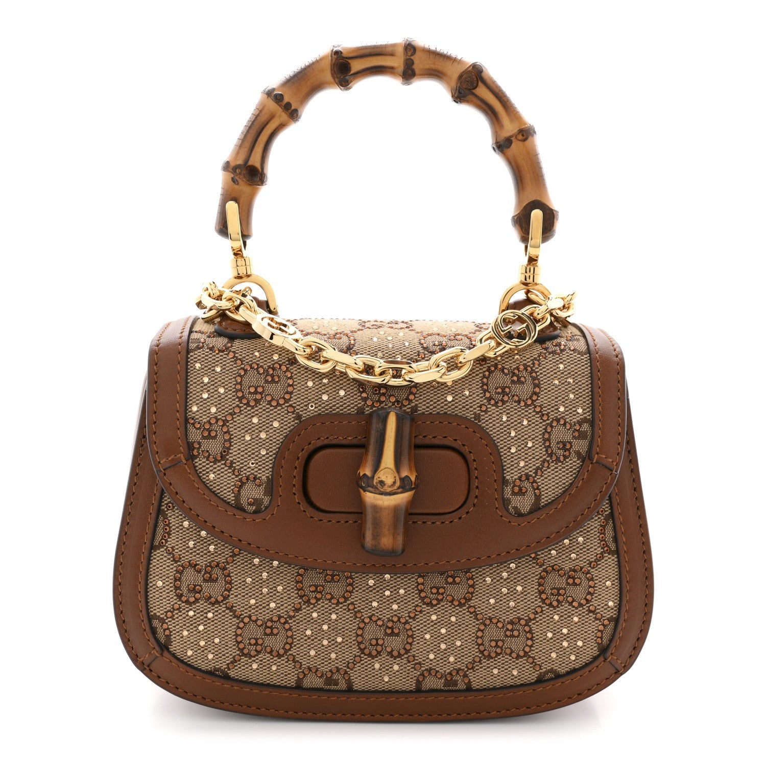 Gucci New Canvas Charisma Calfskin Crystal GG Monogram Small Bamboo 1947 Top Handle Bag Camel Ebony