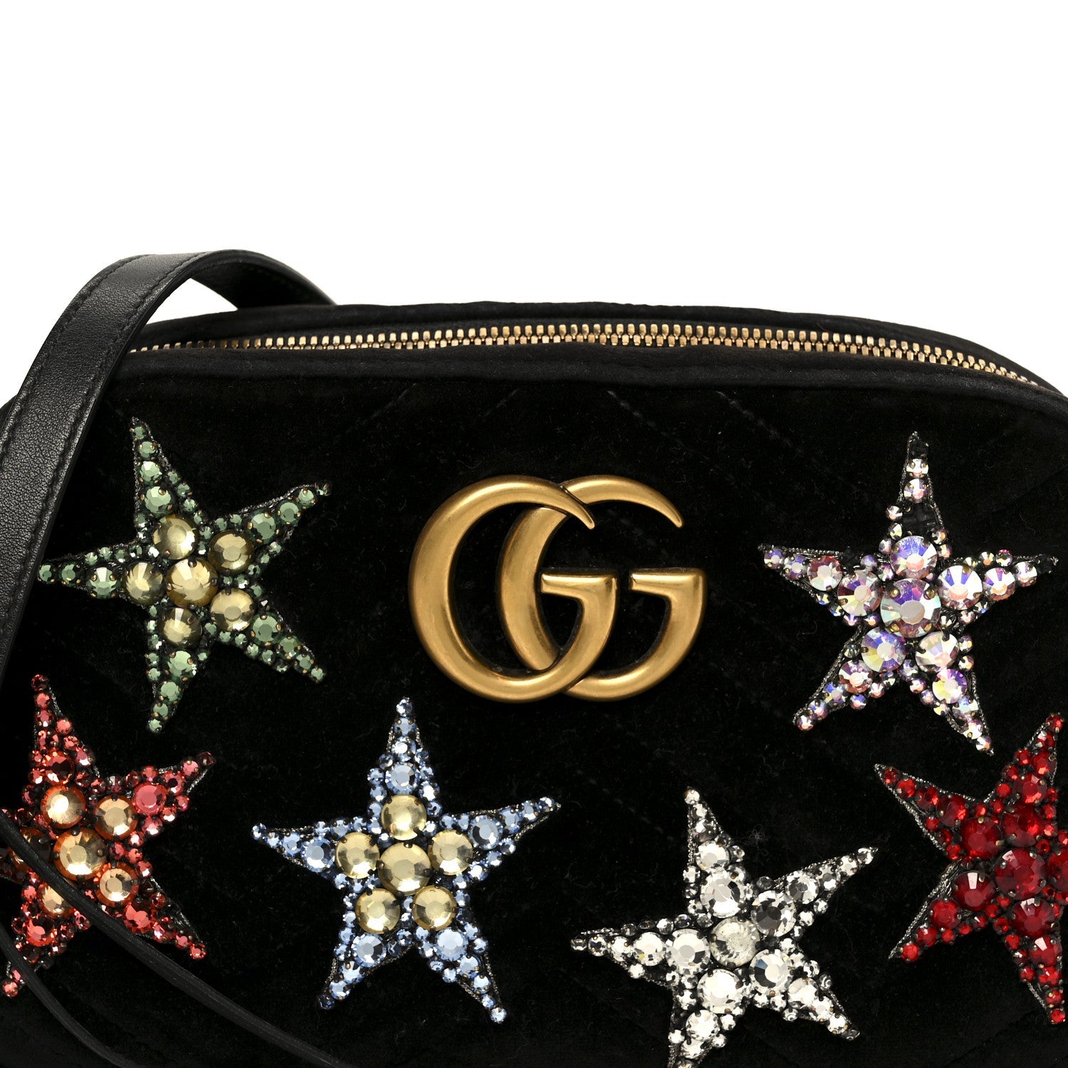 Gucci Velvet Matelasse Crystal Star Embroidered Small GG Marmont Chain Shoulder Bag Black