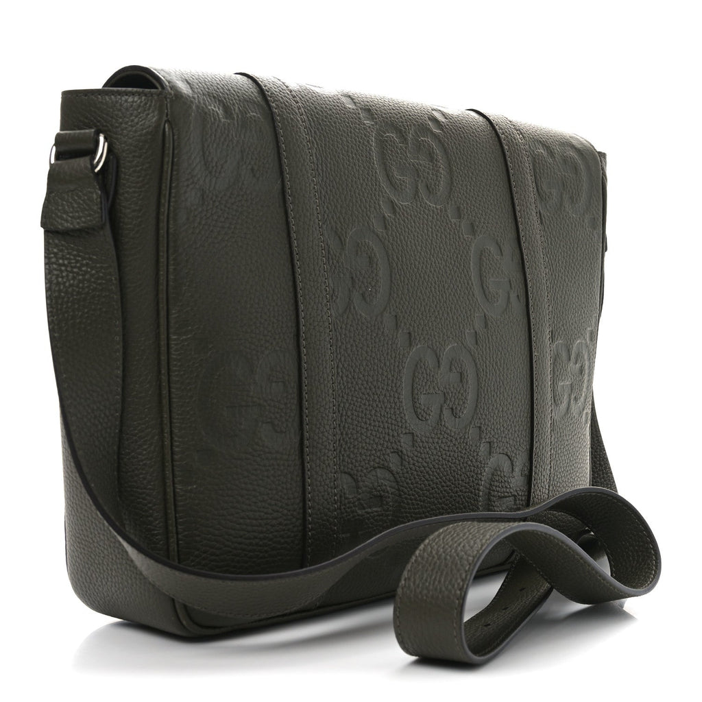 Gucci Piuma Calfskin Jumbo GG Embossed Double Buckle Medium Messenger Bag Dark Vintage Olive