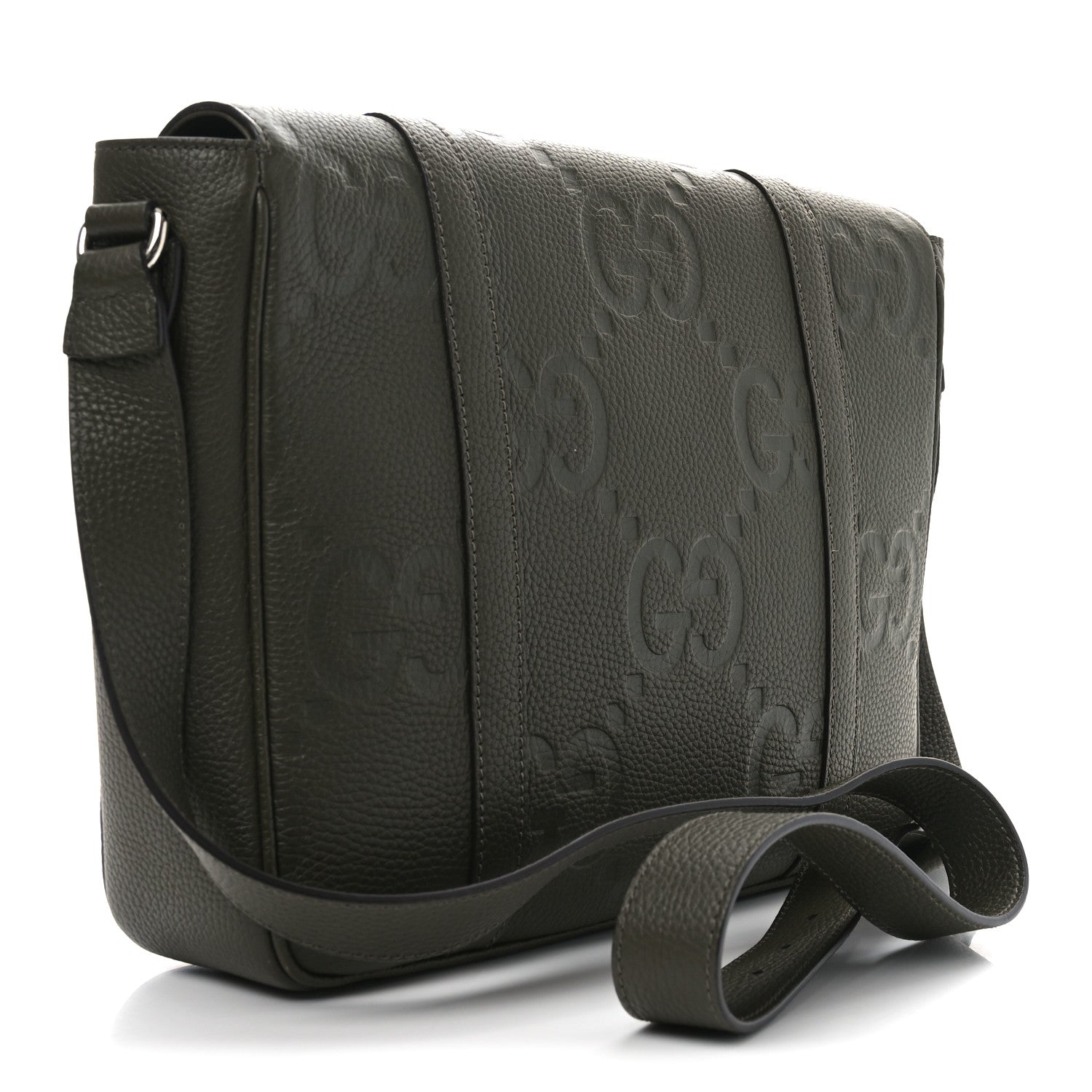 Gucci Piuma Calfskin Jumbo GG Embossed Double Buckle Medium Messenger Bag Dark Vintage Olive