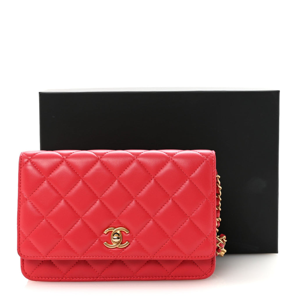 Chanel Lambskin Quilted CC Pearl Crush Wallet on Chain WOC Red