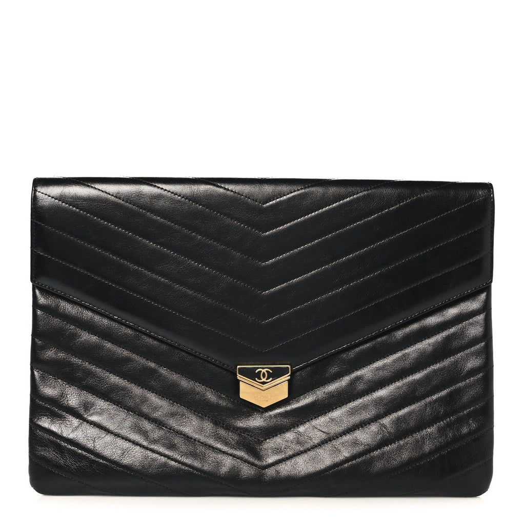 Calfskin Chevron Quilted Medal Flap Clutch Black