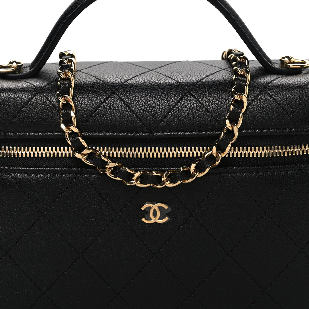 Chanel Goatskin Quilted Top Handle Slim Vanity With Chain Black