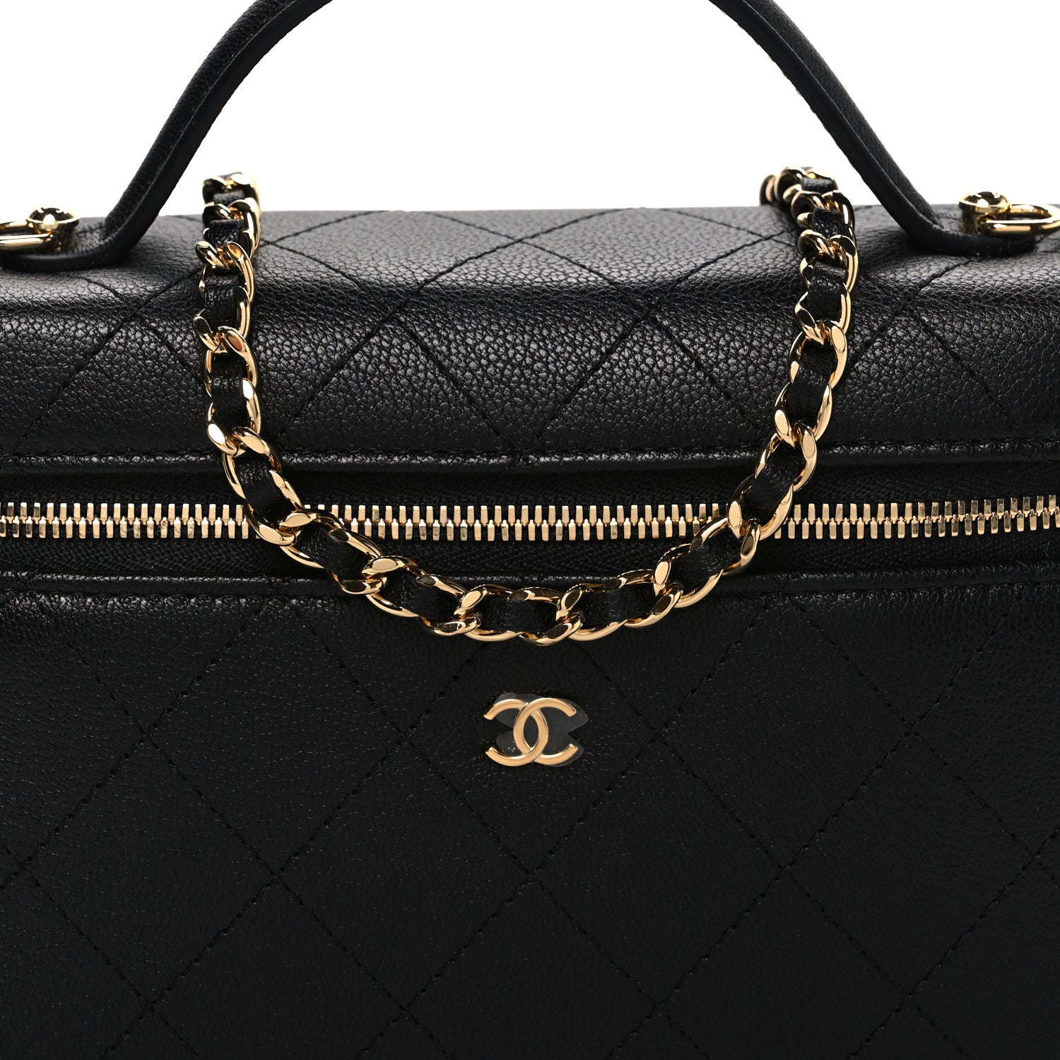 Chanel Goatskin Quilted Top Handle Slim Vanity With Chain Black
