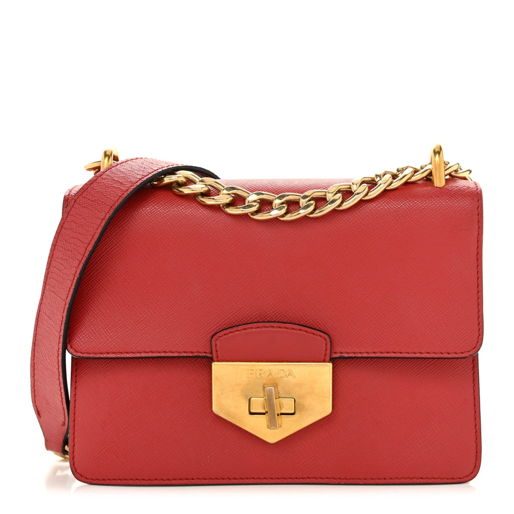 Prada Saffiano Turn Lock Chain Shoulder Bag Fuoco