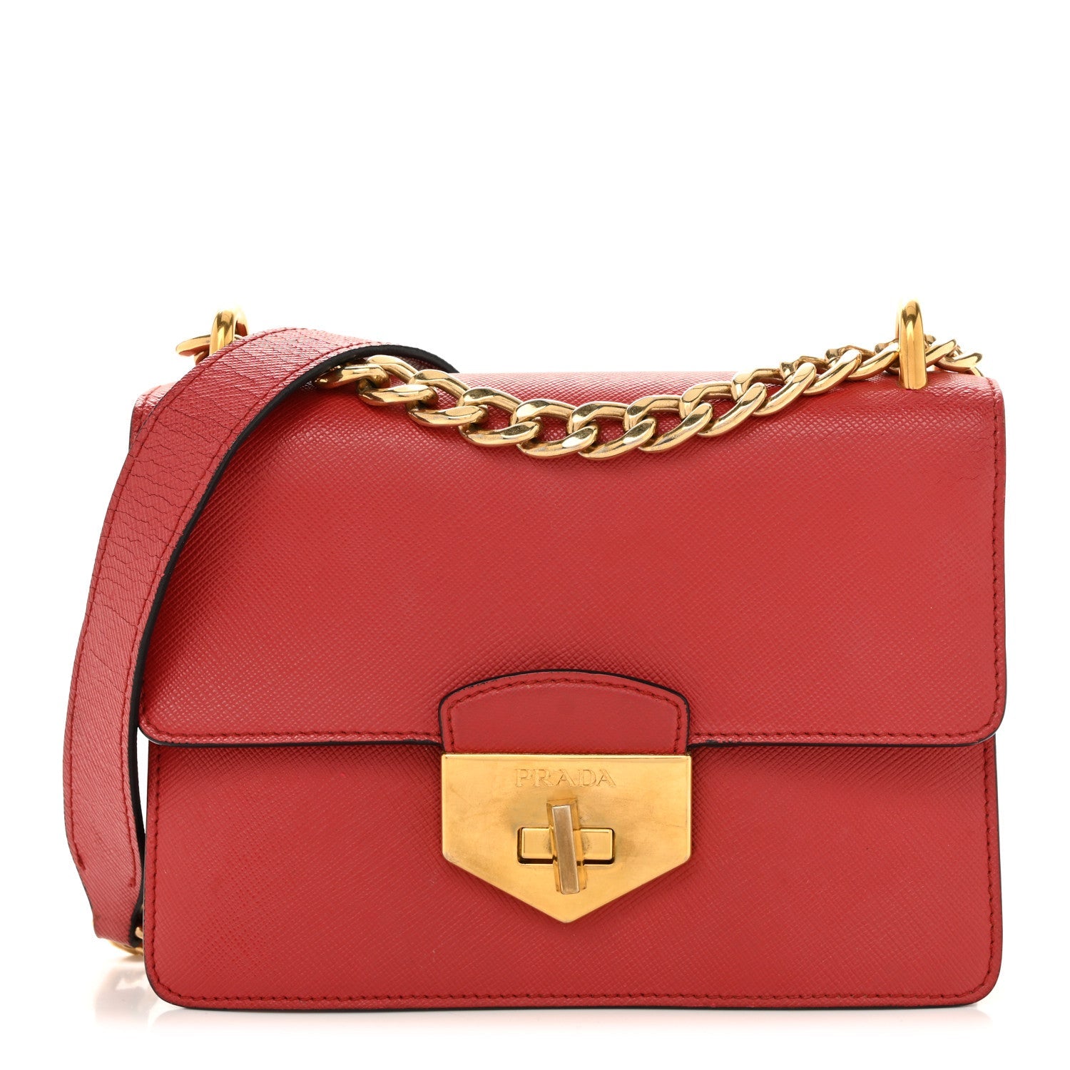 Prada Saffiano Turn Lock Chain Shoulder Bag Fuoco