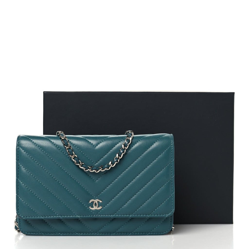 Chanel Lambskin Chevron Quilted Wallet On Chain WOC Turquoise