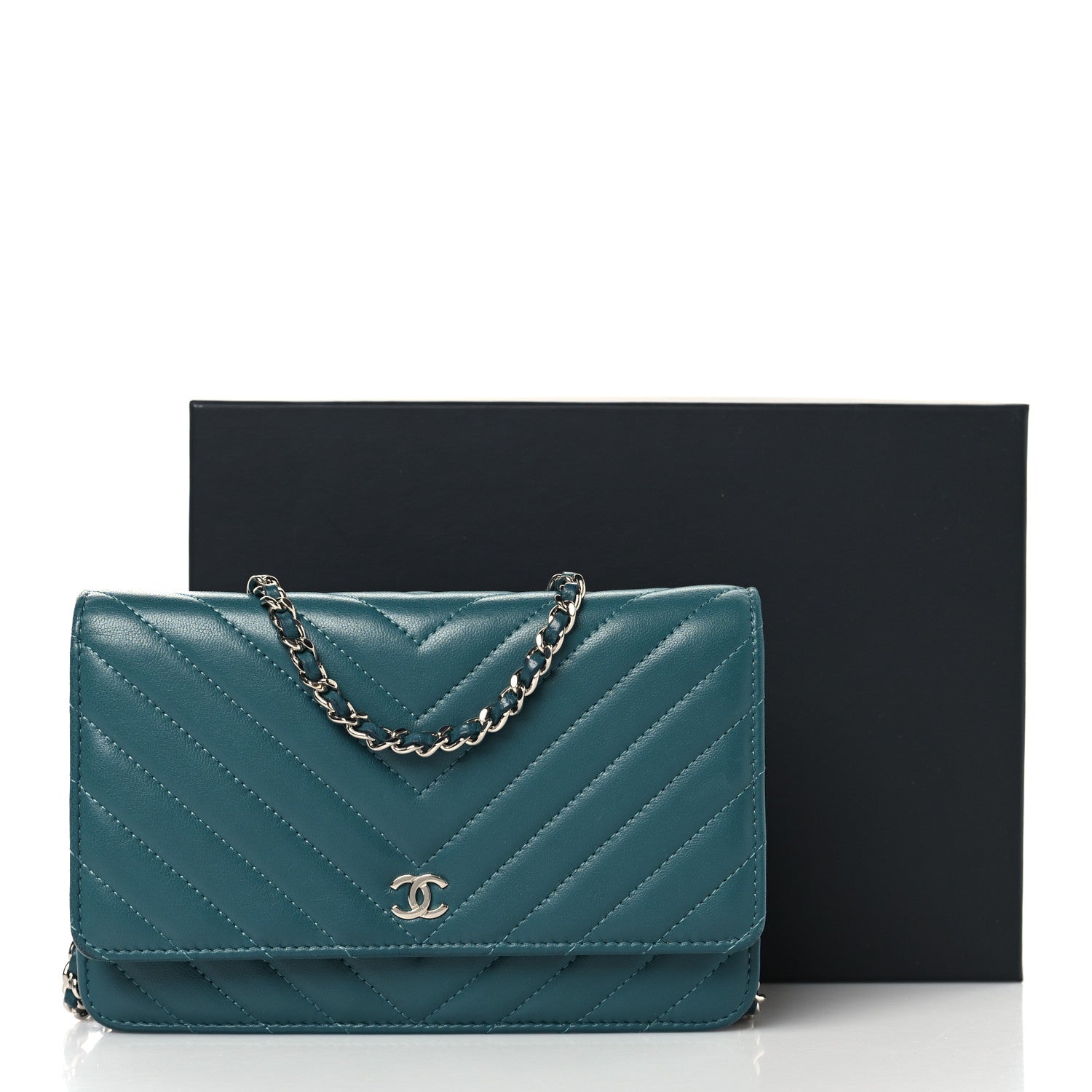 Chanel Lambskin Chevron Quilted Wallet On Chain WOC Turquoise