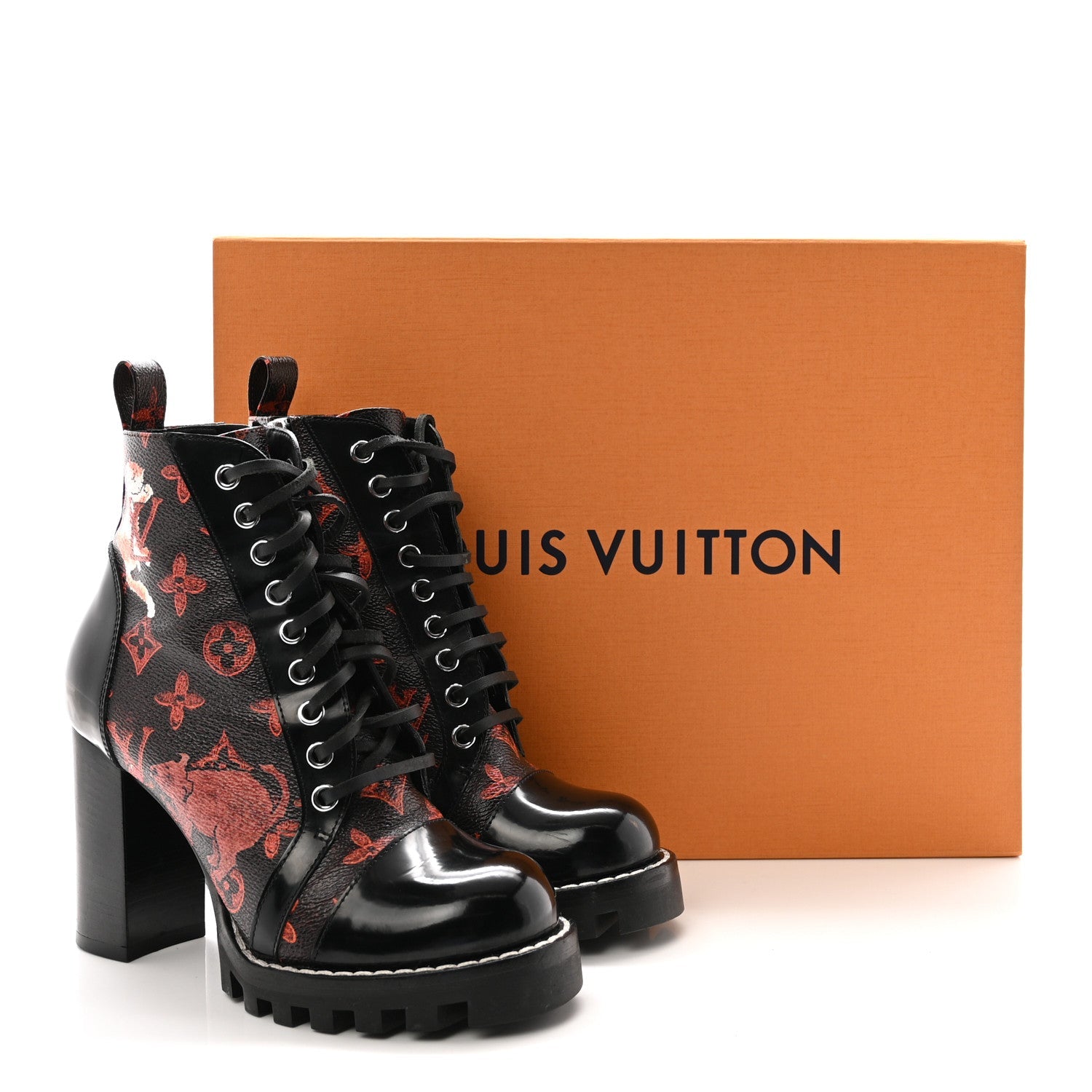 Louis Vuitton Patent Calfskin Catogram Star Trail Ankle Boots 36 Black Marron