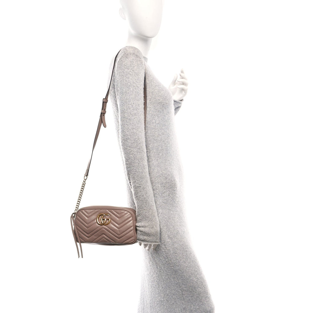 Gucci Calfskin Matelasse Small GG Marmont Chain Shoulder Bag Porcelain Rose