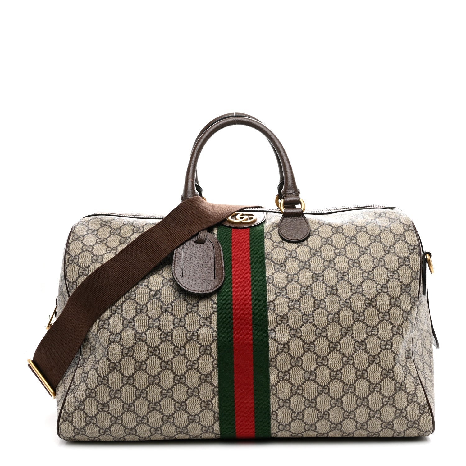 Gucci GG Supreme Monogram Textured Dollar Calfskin Web Medium Ophidia Carry-On Duffle Bag Beige Ebony New Acero