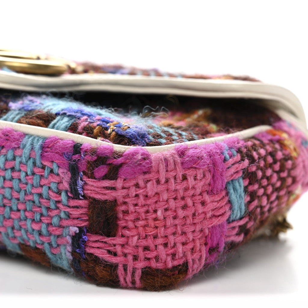 Gucci Tweed Calfskin Spicy Check Super Mini GG Marmont Shoulder Bag Pink Multicolor Mystic White