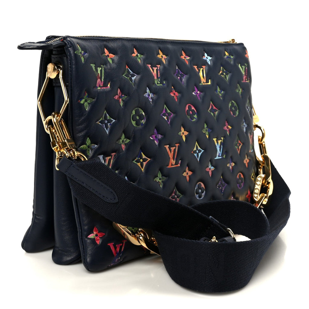 Louis Vuitton Lambskin Embossed Monogram LV Garden Coussin MM Navy Blue