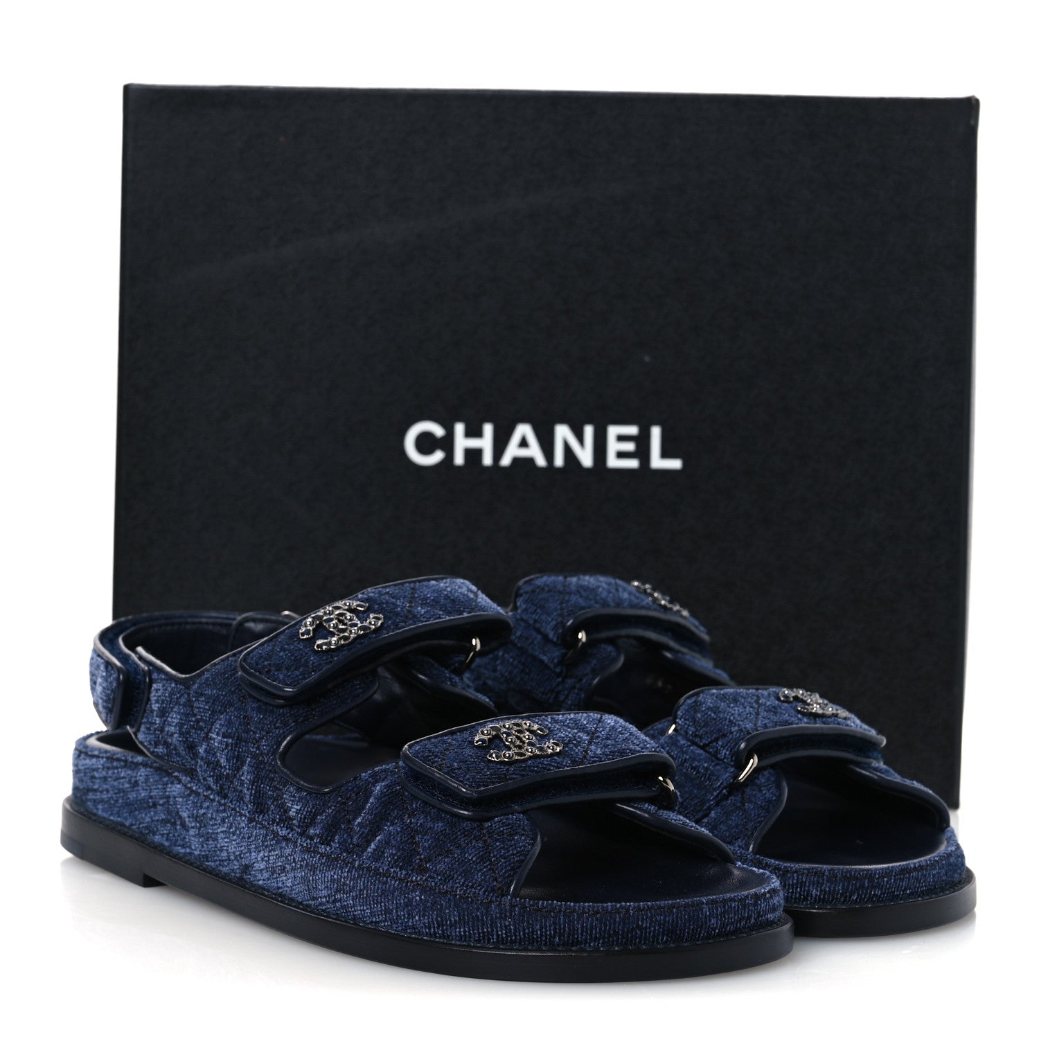 Chanel Velvet Velcro Dad Sandals 37.5 Blue