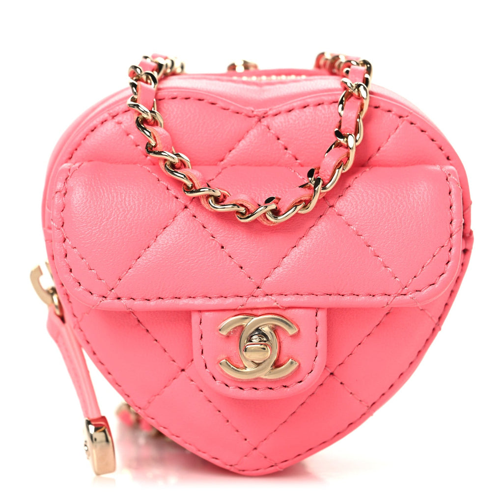 Chanel Lambskin Quilted CC In Love Heart Coin Purse With Chain  Pink