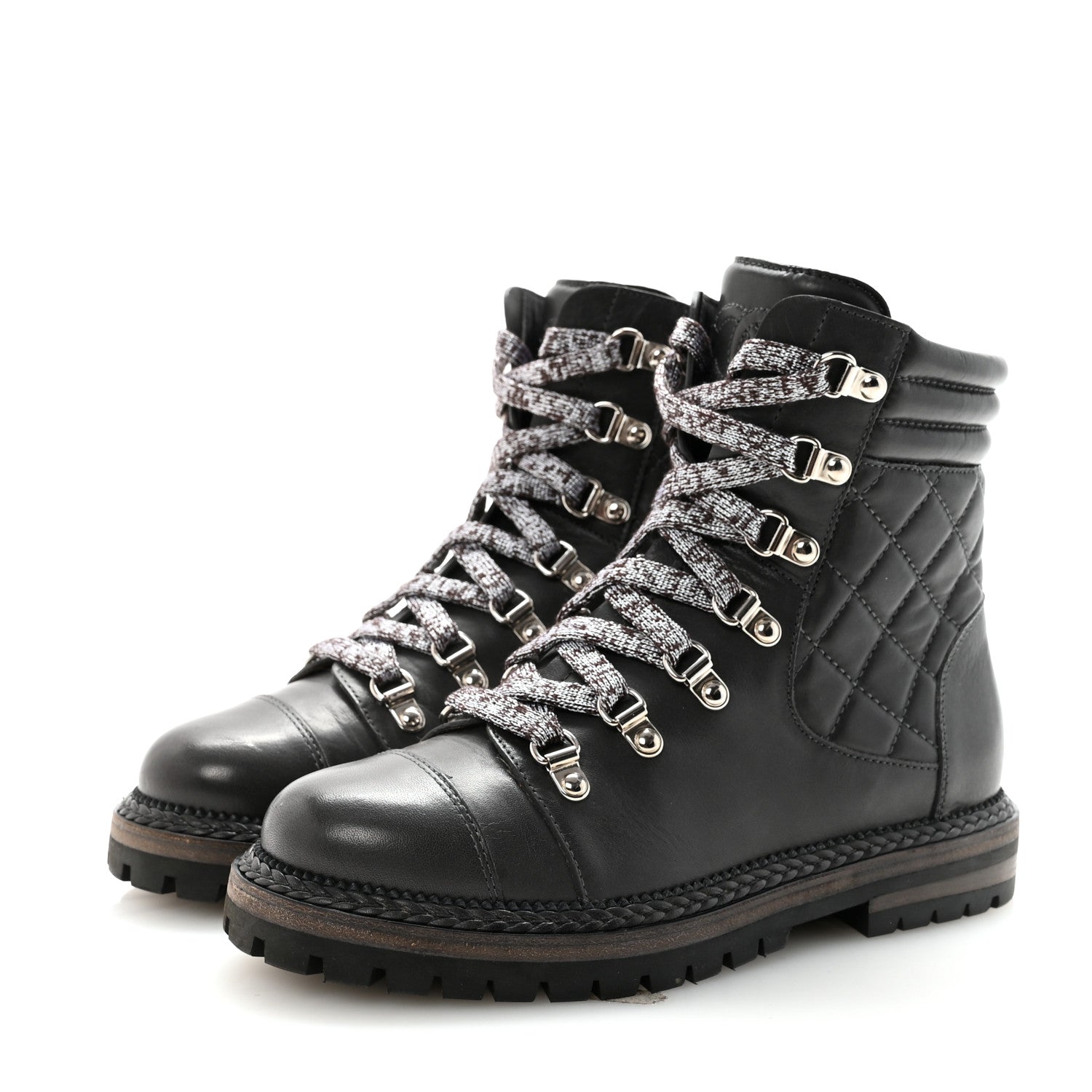 Lambskin Quilted Lace Up Boots 35.5 Grey