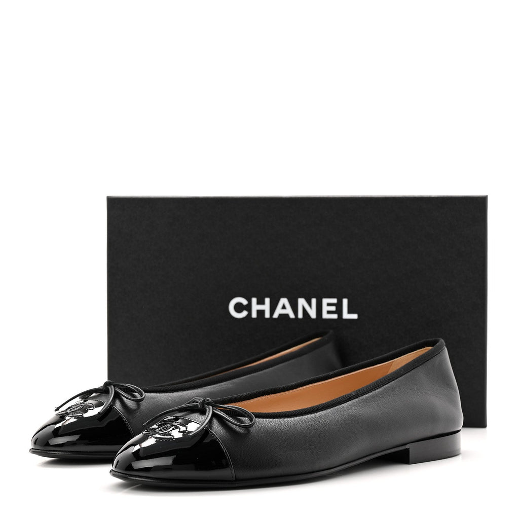 Lambskin Patent Cap Toe Ballerina Flats 40 Black