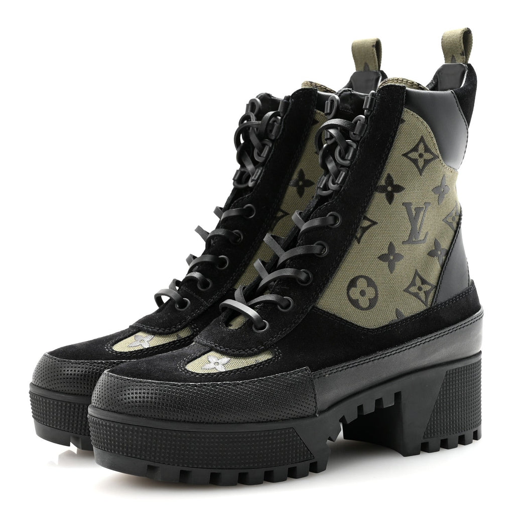 Louis Vuitton Suede Monogram Laureate Platform Desert Boots 37 Kaki Black