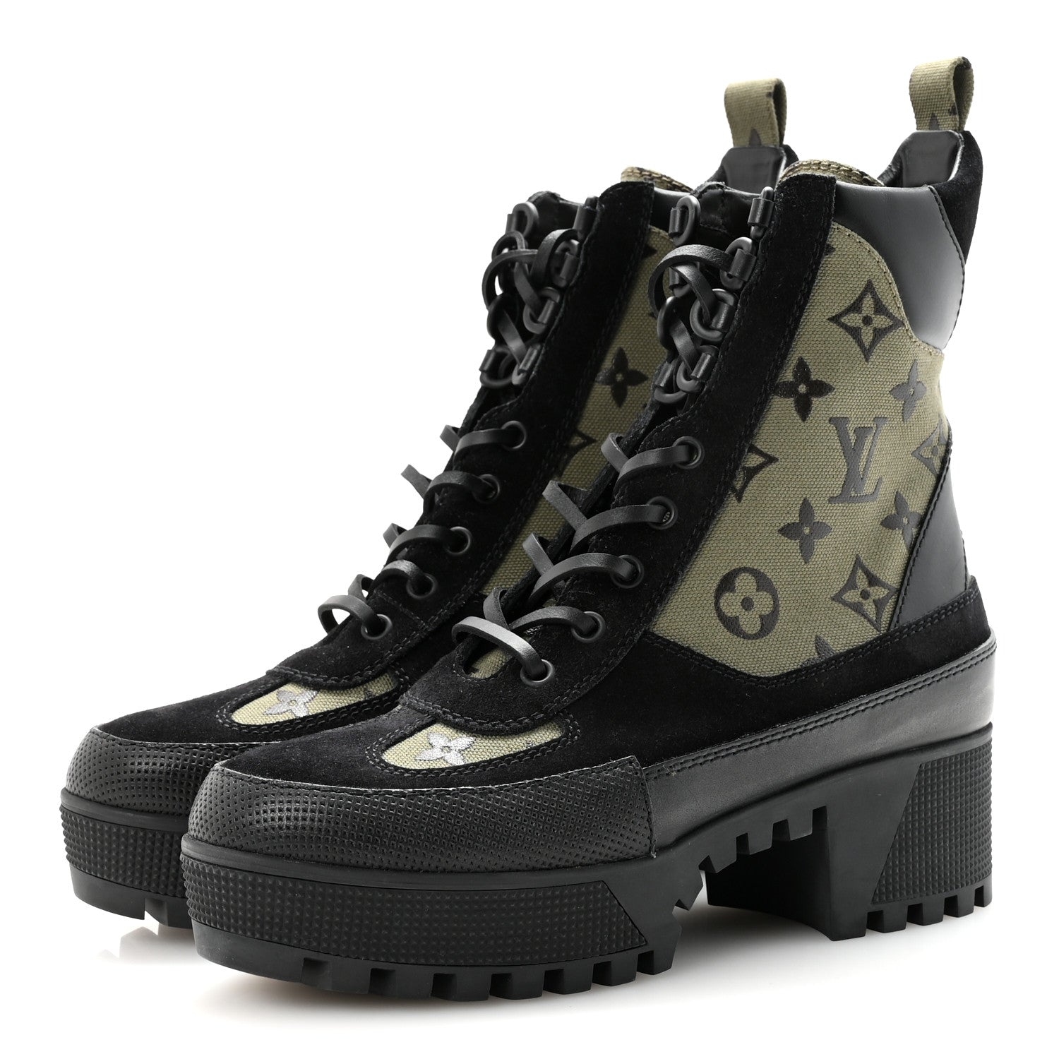 Louis Vuitton Suede Monogram Laureate Platform Desert Boots 37 Kaki Black