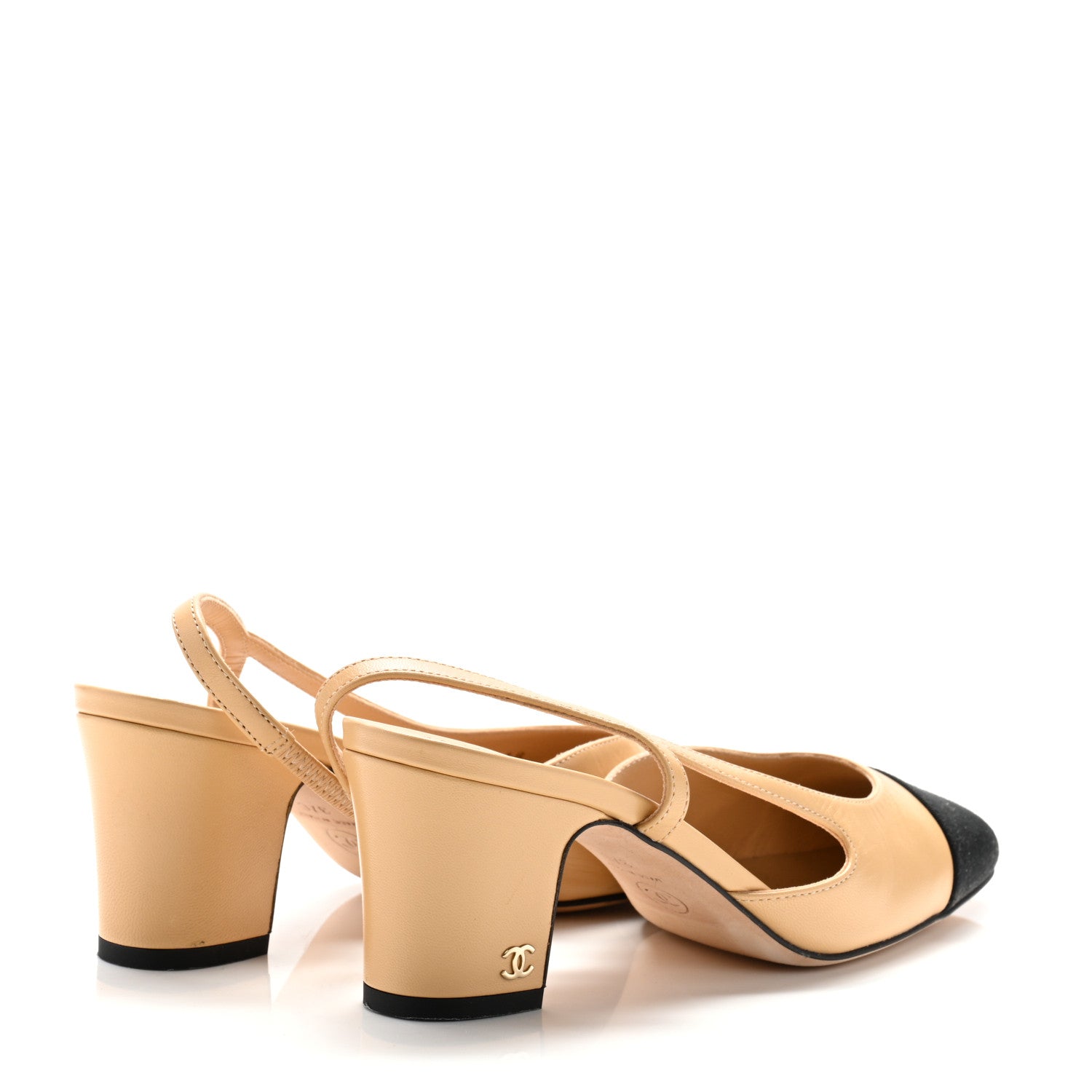 Goatskin Grosgrain Cap Toe CC Slingback Pumps 37 Beige Black