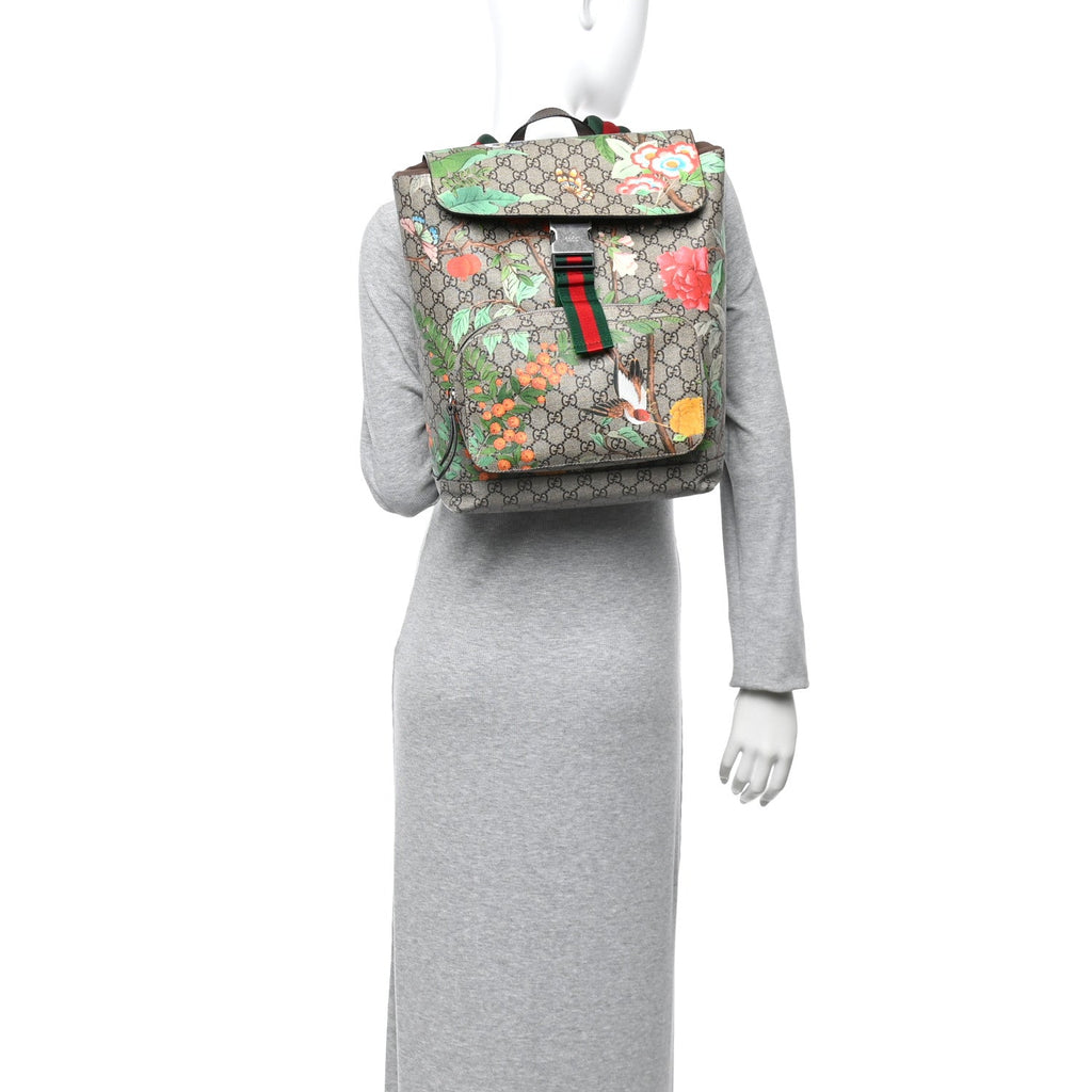 Gucci GG Supreme Monogram Tian Web Single Buckle Backpack Beige Multicolor New Acero