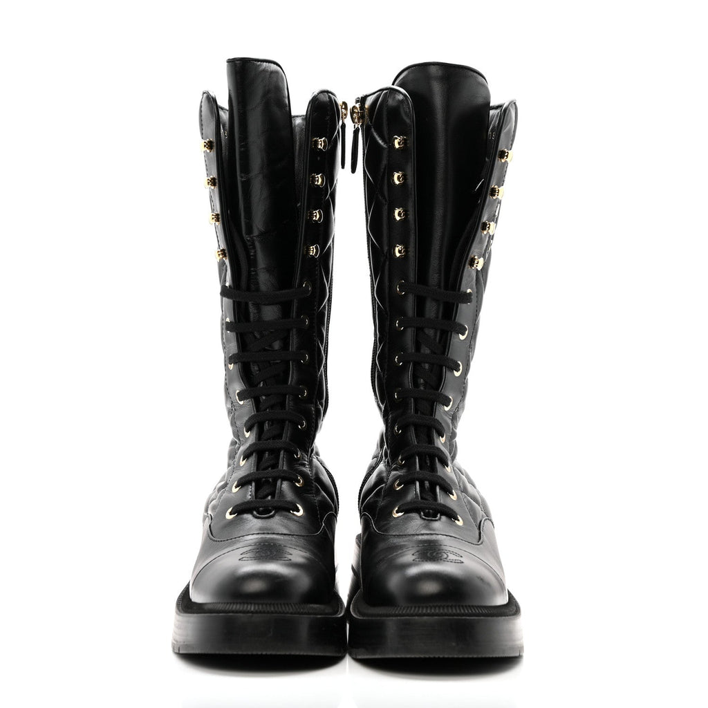 Calfskin Quilted Logo Lace Up Tall Combat Boots 37.5 Black