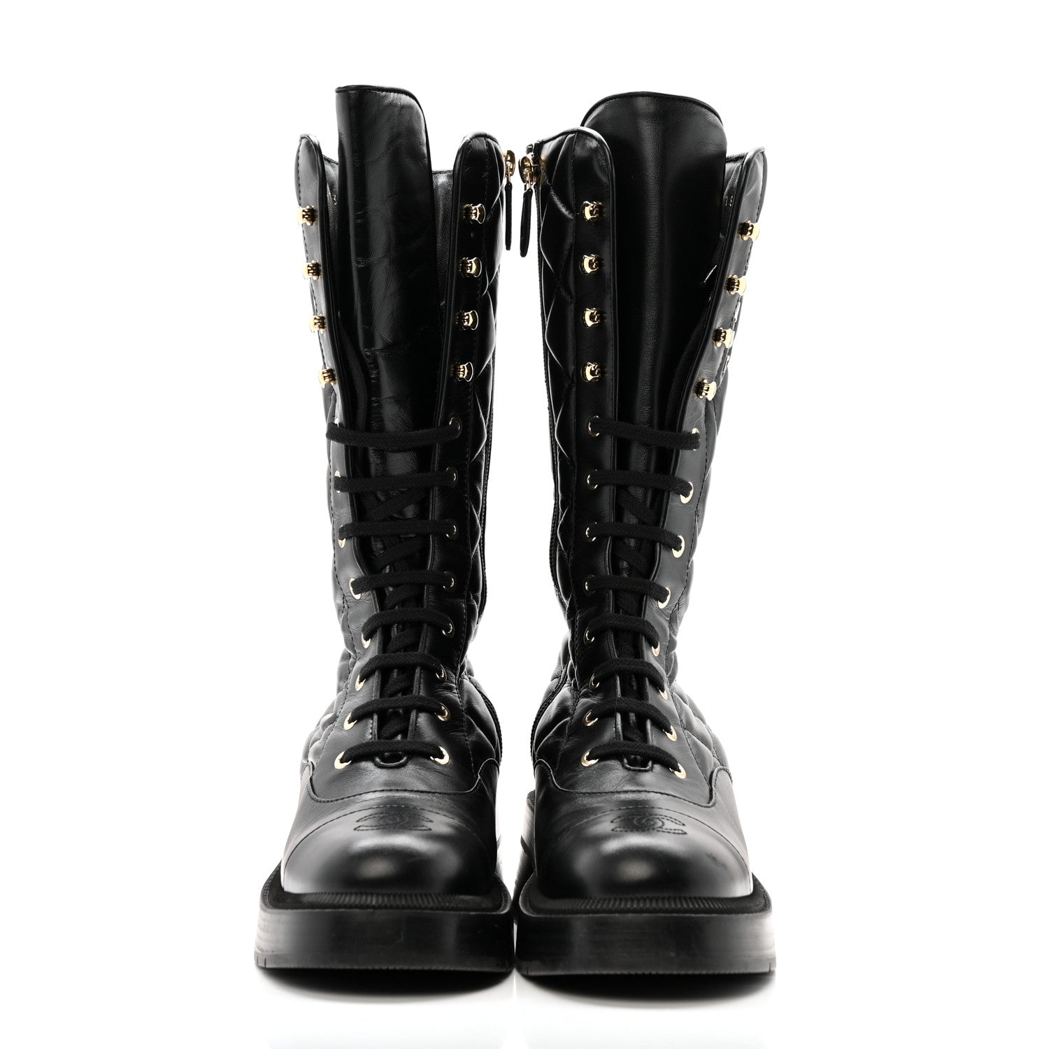 Calfskin Quilted Logo Lace Up Tall Combat Boots 37.5 Black