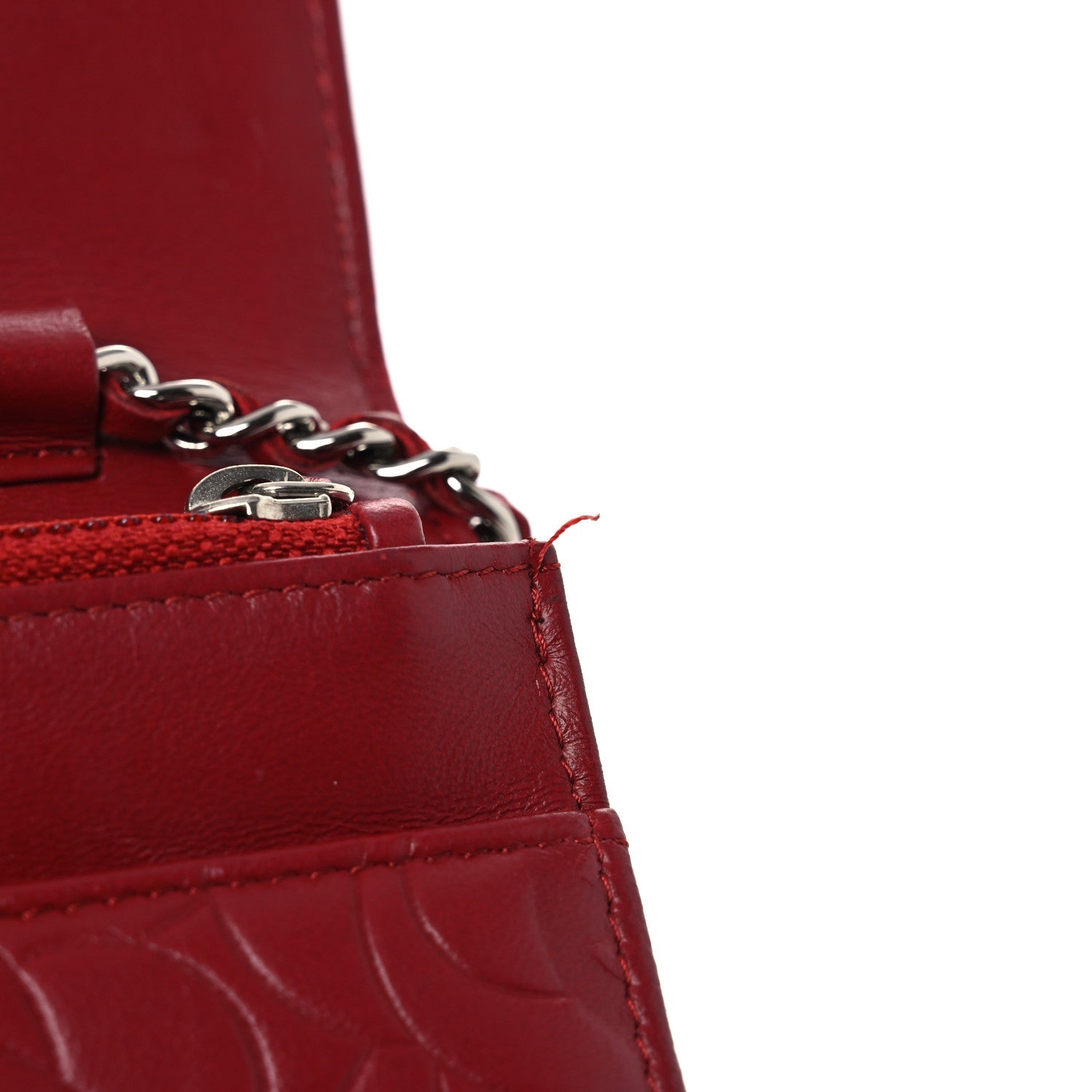 Chanel Lambskin Camellia Embossed Wallet on Chain WOC Red