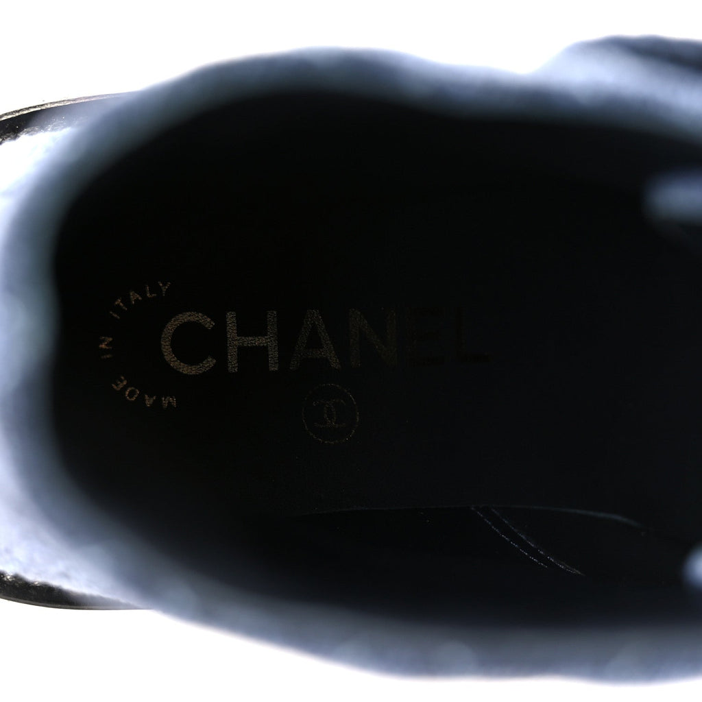 Chanel Shiny Calfskin Velvet Quilted Lace Up Combat Boots 37 Blue