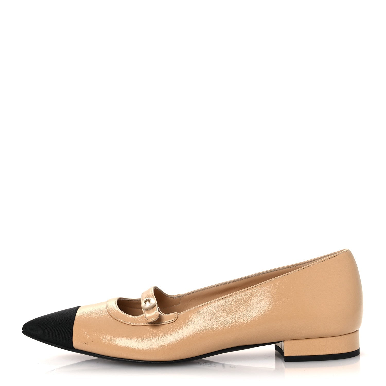 Lambskin Grosgrain Pointed Toe CC Ballet Flats 39 Beige Black