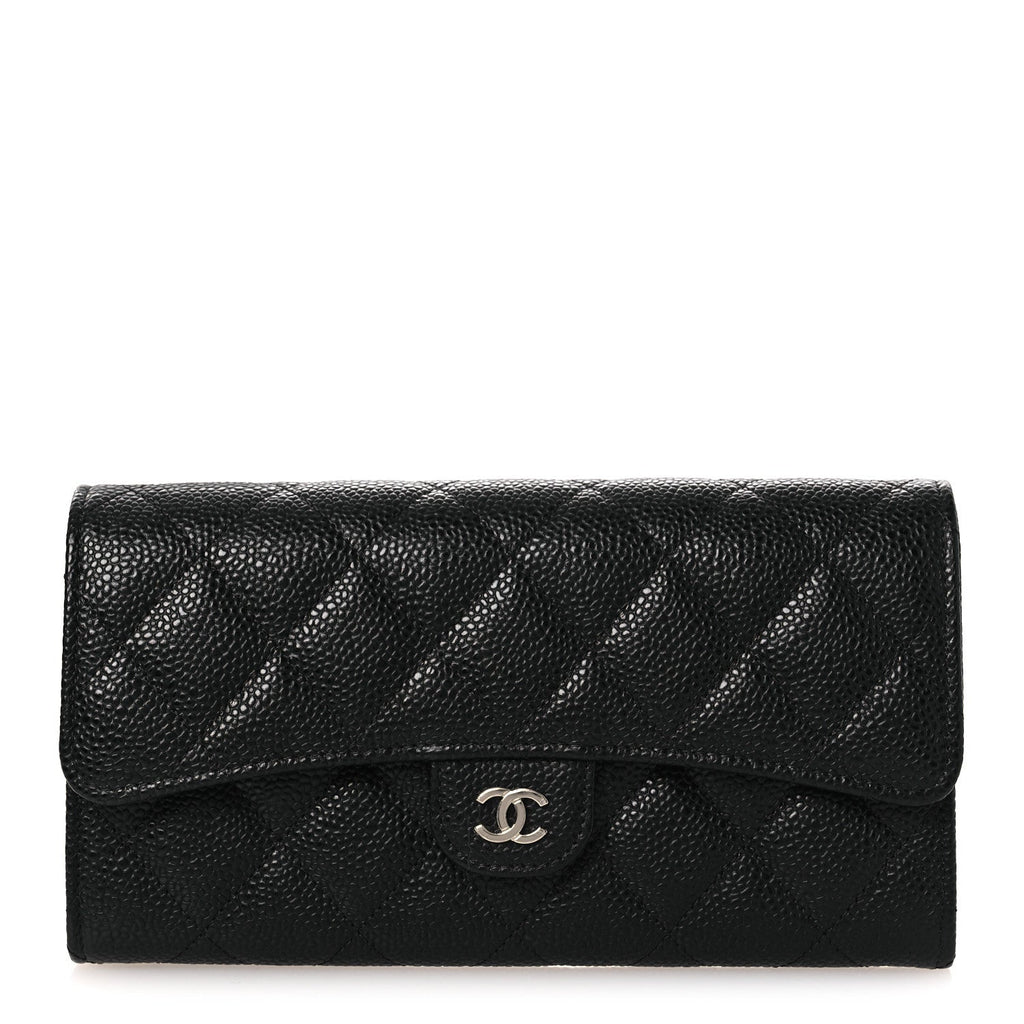 Caviar Quilted Large Gusset Flap Wallet Black