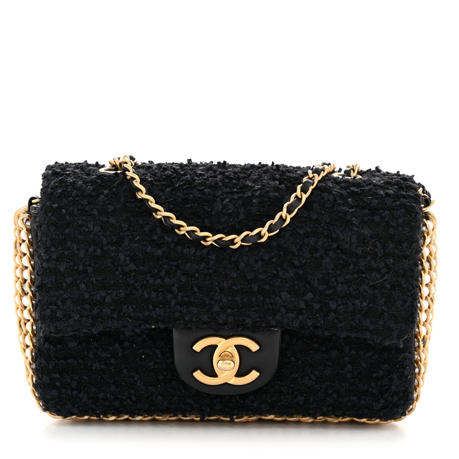 Chanel Tweed Quilted Mini Side Pearl Flap Bag Black