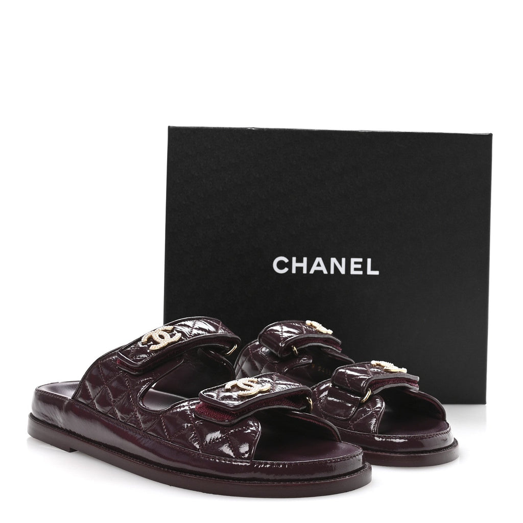 Chanel Shiny Calfskin Quilted Velcro Dad Pearl CC Slide Sandals  40 Burgundy