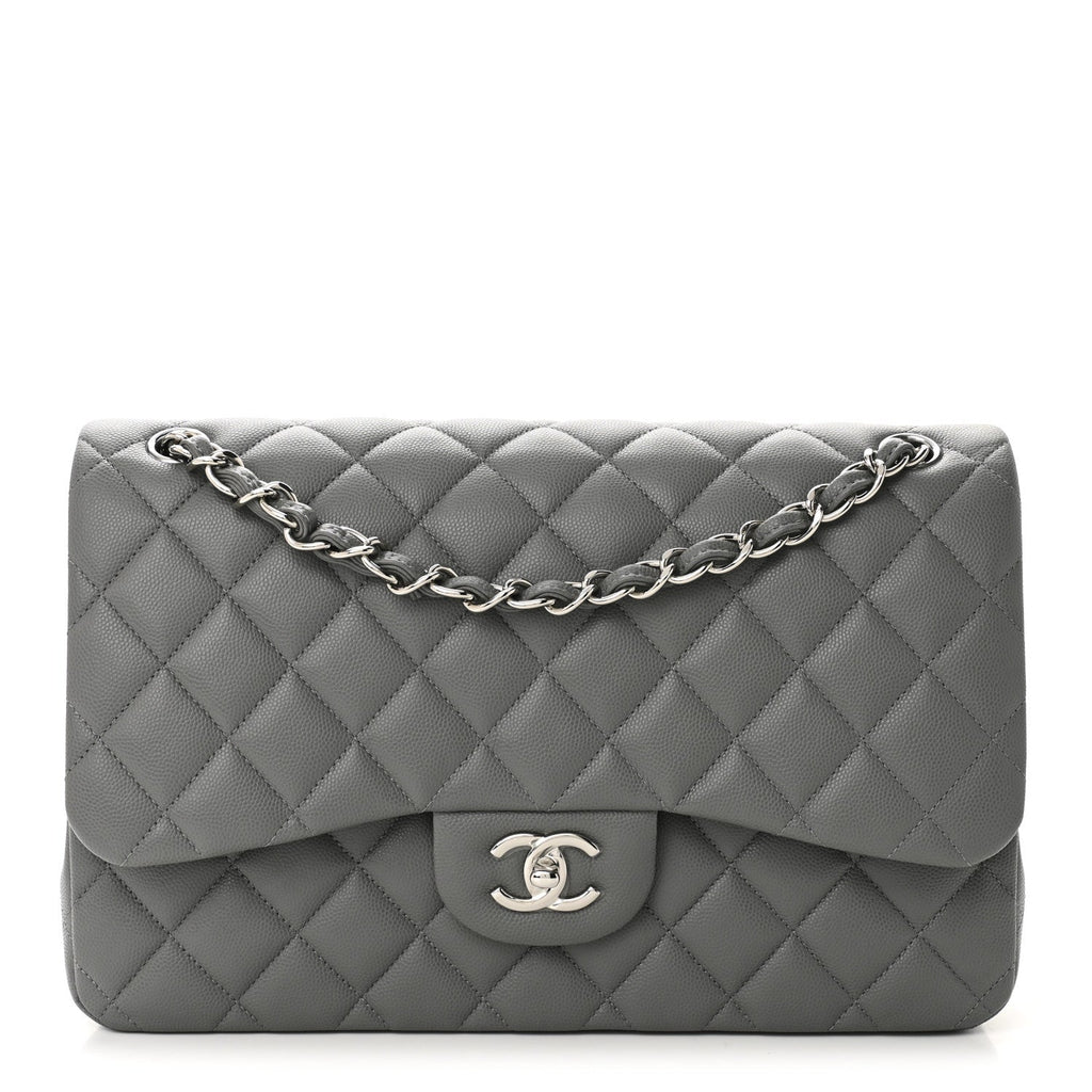 Chanel Caviar Quilted Jumbo Double Flap Grey