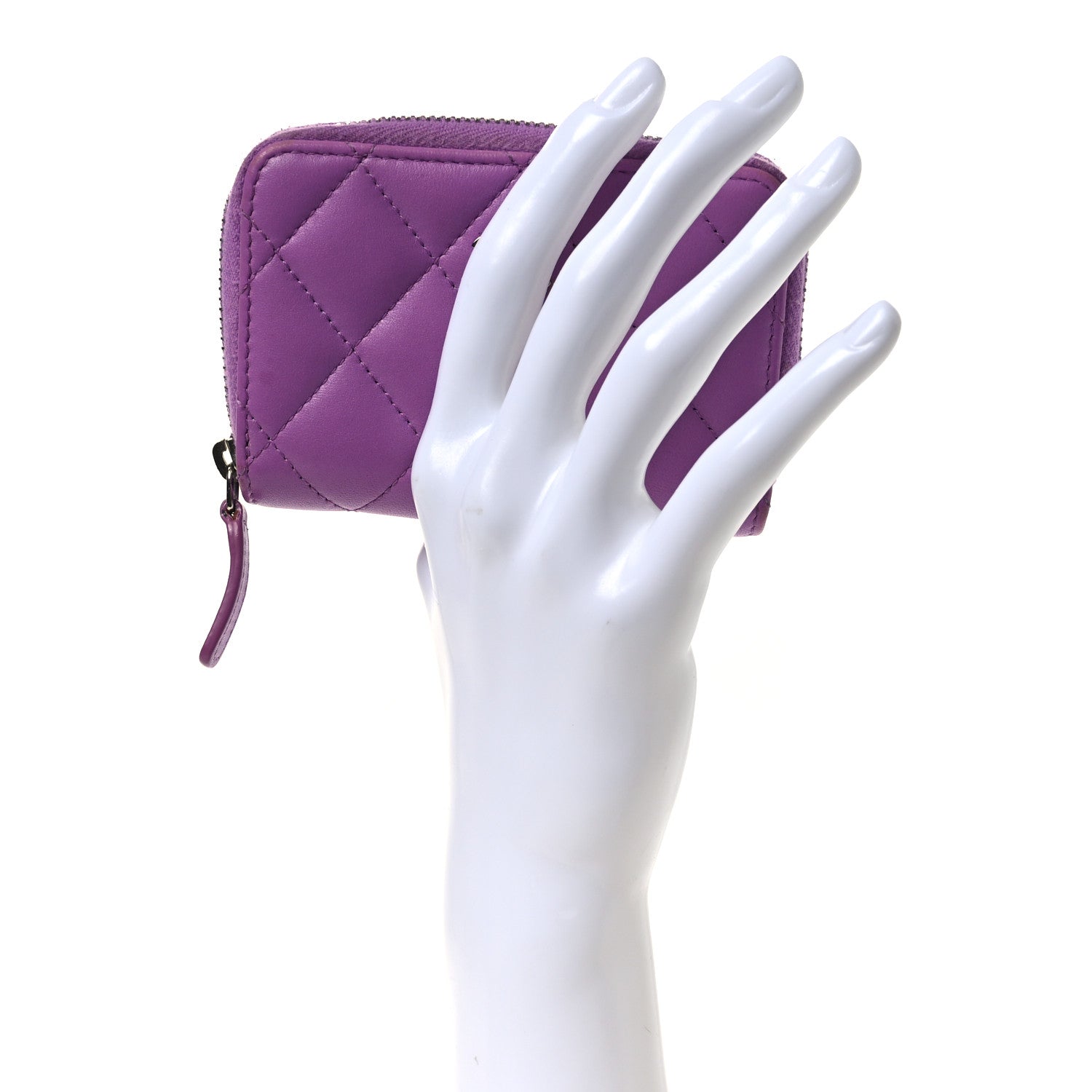 Lambskin Quilted Zip Around Coin Purse Wallet Purple
