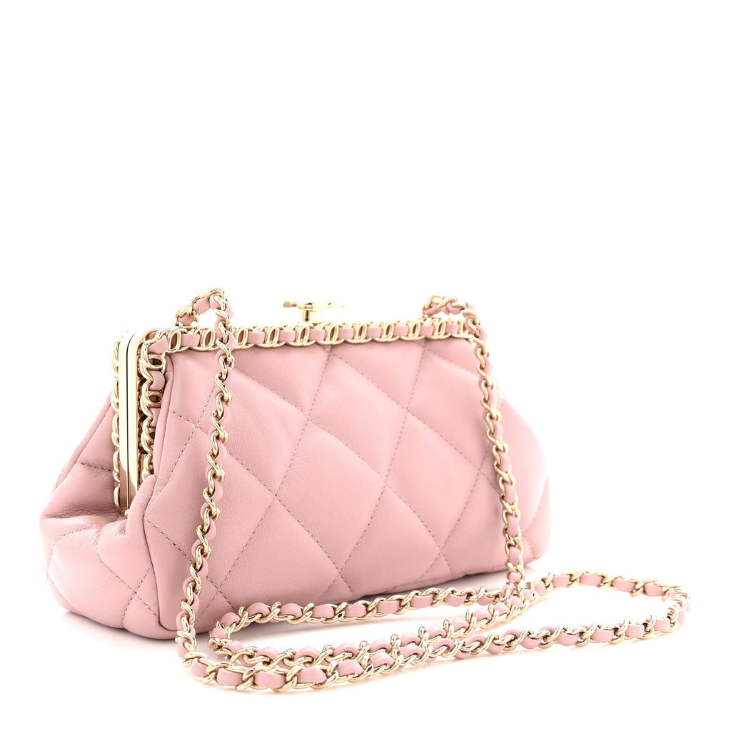 Chanel Lambskin Quilted Chain Frame Clutch Pink